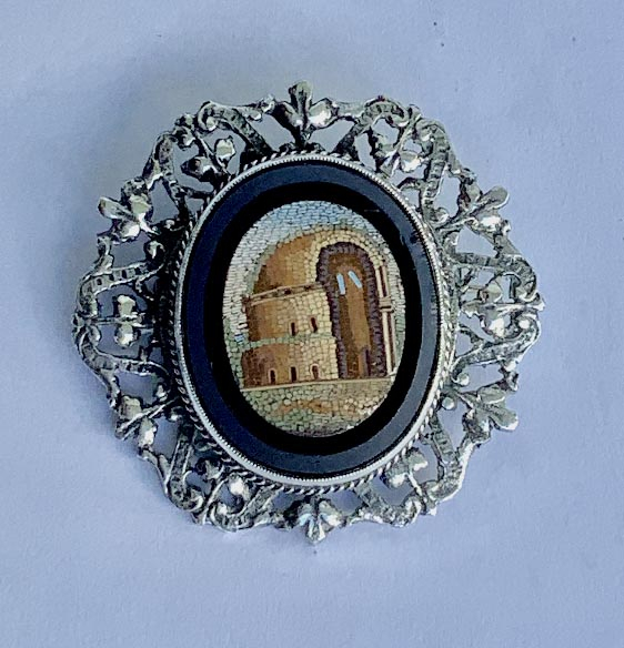 vintage mid 20th Century English made .925 sterling silver brooch with mid 19th Century onyx micro mosaic panel